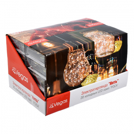 Электрогирлянда "Нить" 20 холодных LED ламп РОСА, серебристый провод, 2 м, на батарейках (не в комплекте), с пультом, дисплей-бокс /200/50