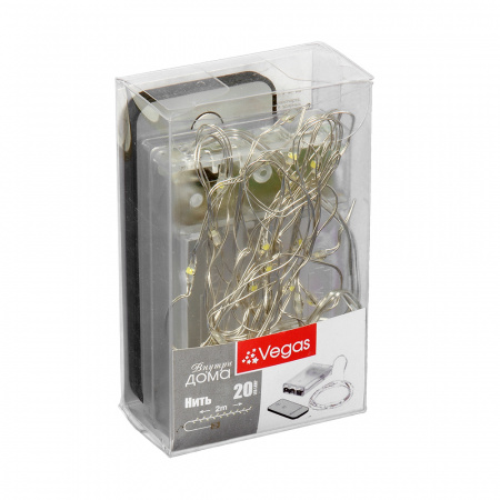 Электрогирлянда "Нить" 20 холодных LED ламп РОСА, серебристый провод, 2 м, на батарейках (не в комплекте), с пультом, дисплей-бокс /200/50