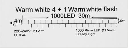 Гирлянда МИШУРА провод белый 30м, 1000 LED тепло-белый