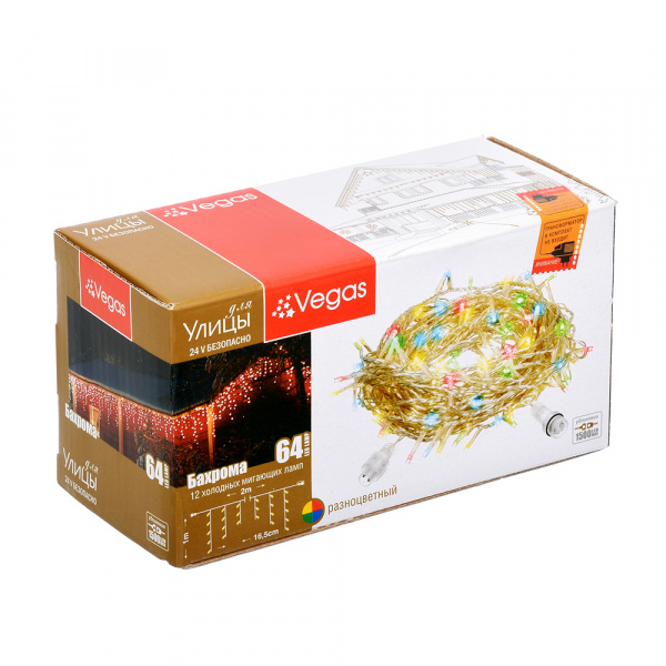 24V Электрогирлянда-конструктор "Бахрома" 64 разноцветных LED ламп (12 мигающих), 12 нитей, прозрачный провод, 2*1 м /32/4