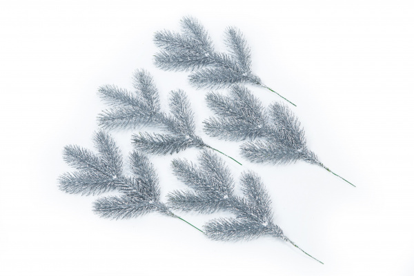 Ветка (лапка) литая серебро в глиттере (уп. 5 шт)